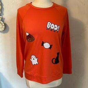 Feeling Festive Orange top w/decorative Halloween details & sequins Size Medium
